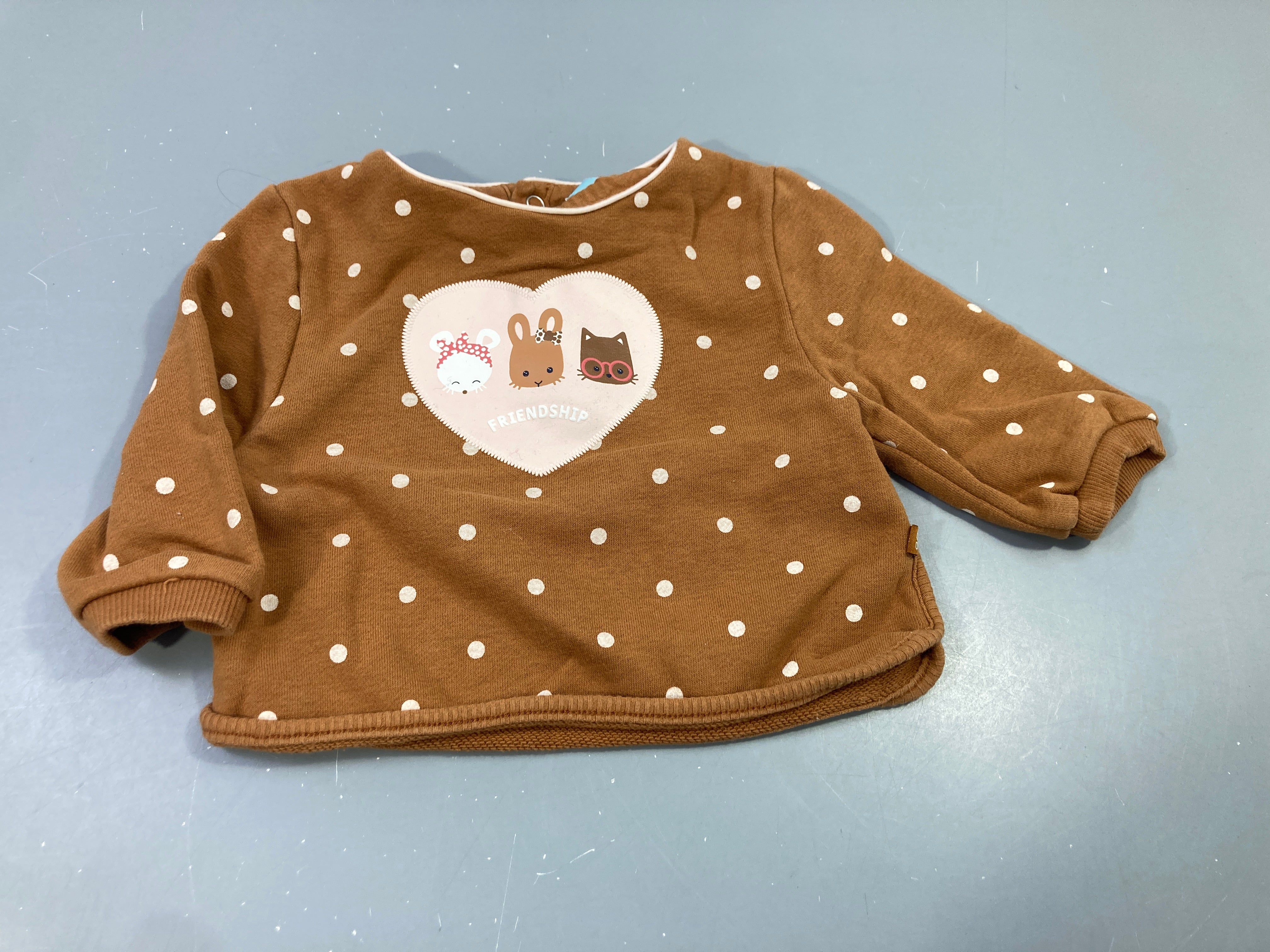 Sweat brun à pois rose clair, coeur rose clair, têtes d'animaux