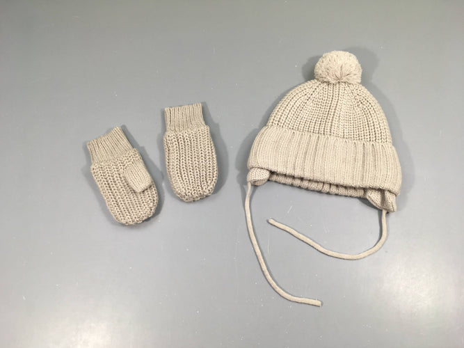 Bonnet beige  + moufles, moins cher chez Petit Kiwi