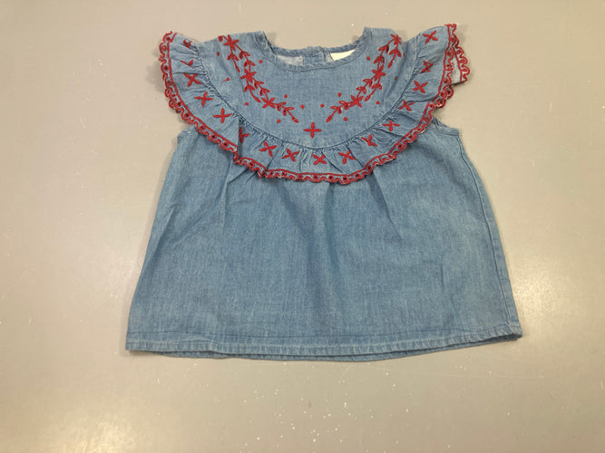 Blouse m.c denim broderies rouges volants Louis Louise Paris, moins cher chez Petit Kiwi