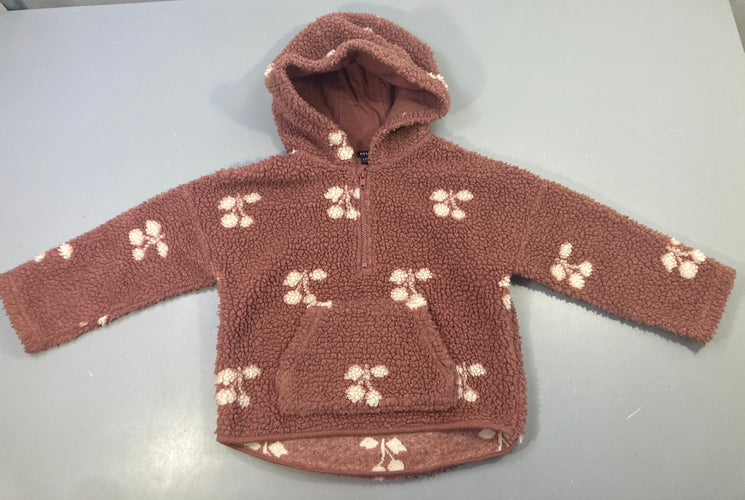 Veste à enfiler teddy rose foncé cerises blanches à capuche, moins cher chez Petit Kiwi