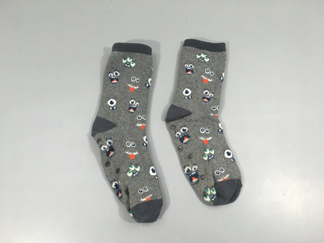 Chaussettes anti-dérapantes grises visages grimaces, boulochées, moins cher chez Petit Kiwi
