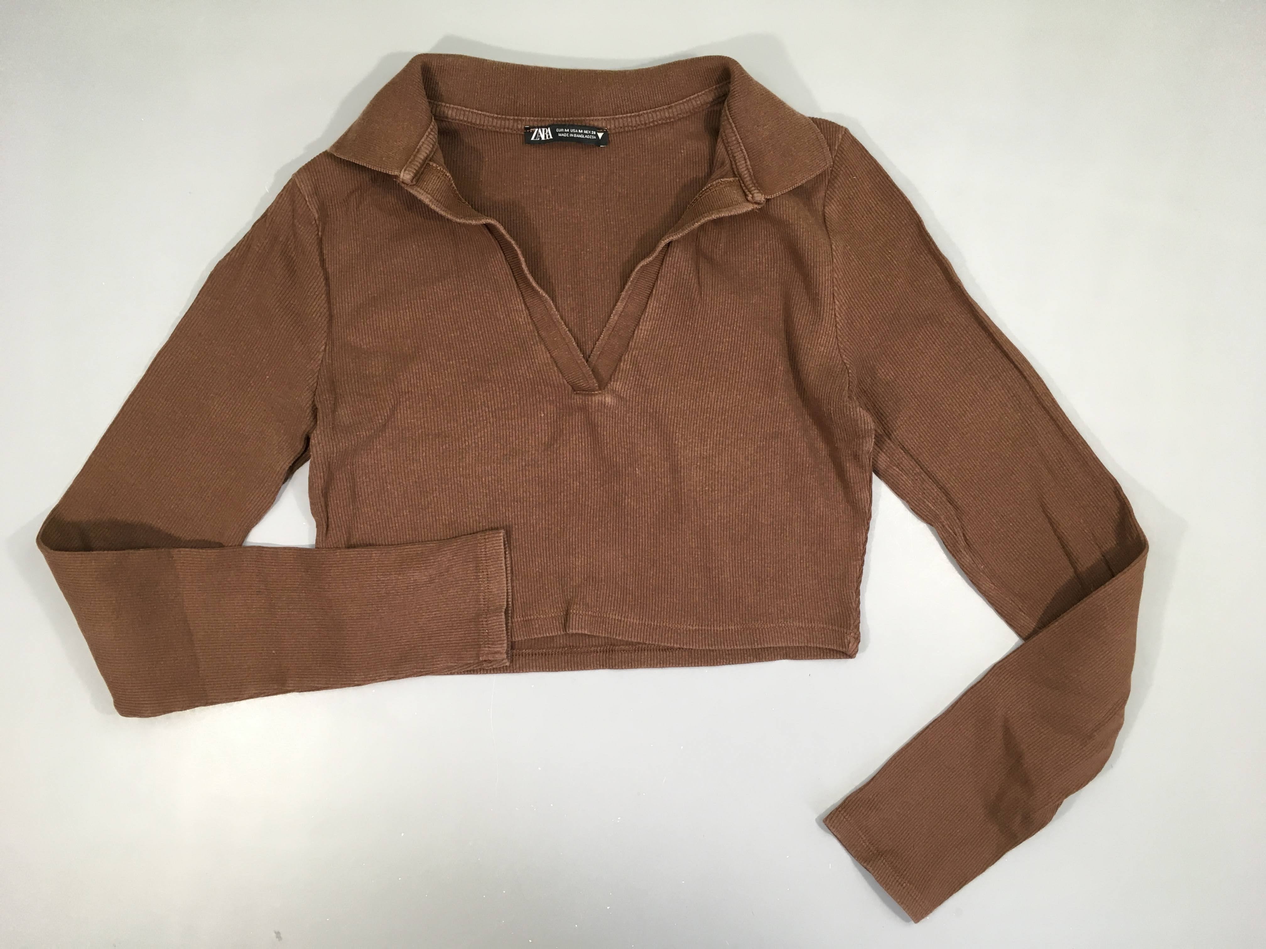 T-shirt m.l cropped fines côtes brun col V-Légèrement délavé