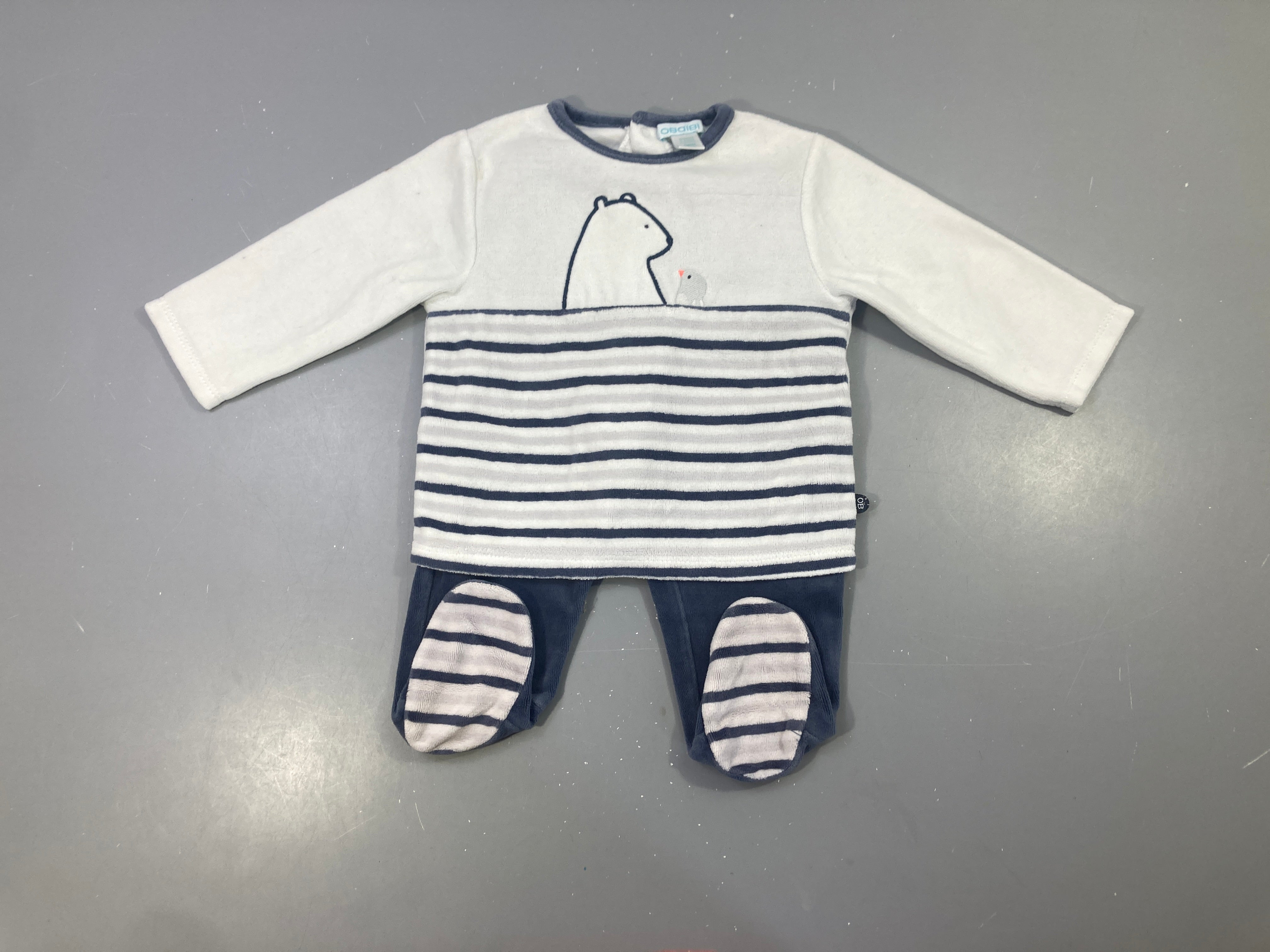 Pyjama 2 pièces velours blanc rayé bleu ours rayé