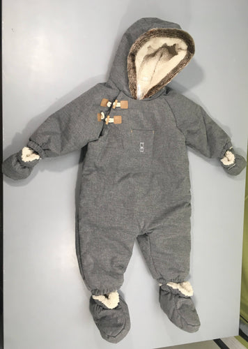 Combi pilote gris chiné doublée velours à capuche fausse fourrure, moins cher chez Petit Kiwi