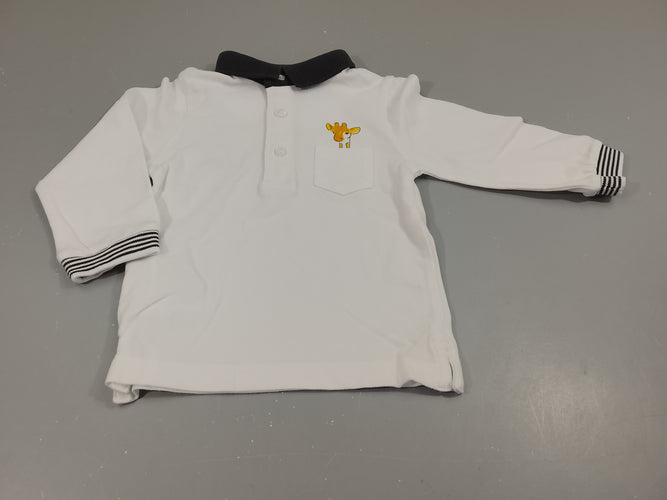 Polo ml blanc, col noir,poche tête de girafe, moins cher chez Petit Kiwi