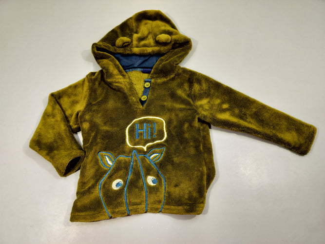 Pull à capuche avec oreilles velours vert, tête animal "hi", moins cher chez Petit Kiwi