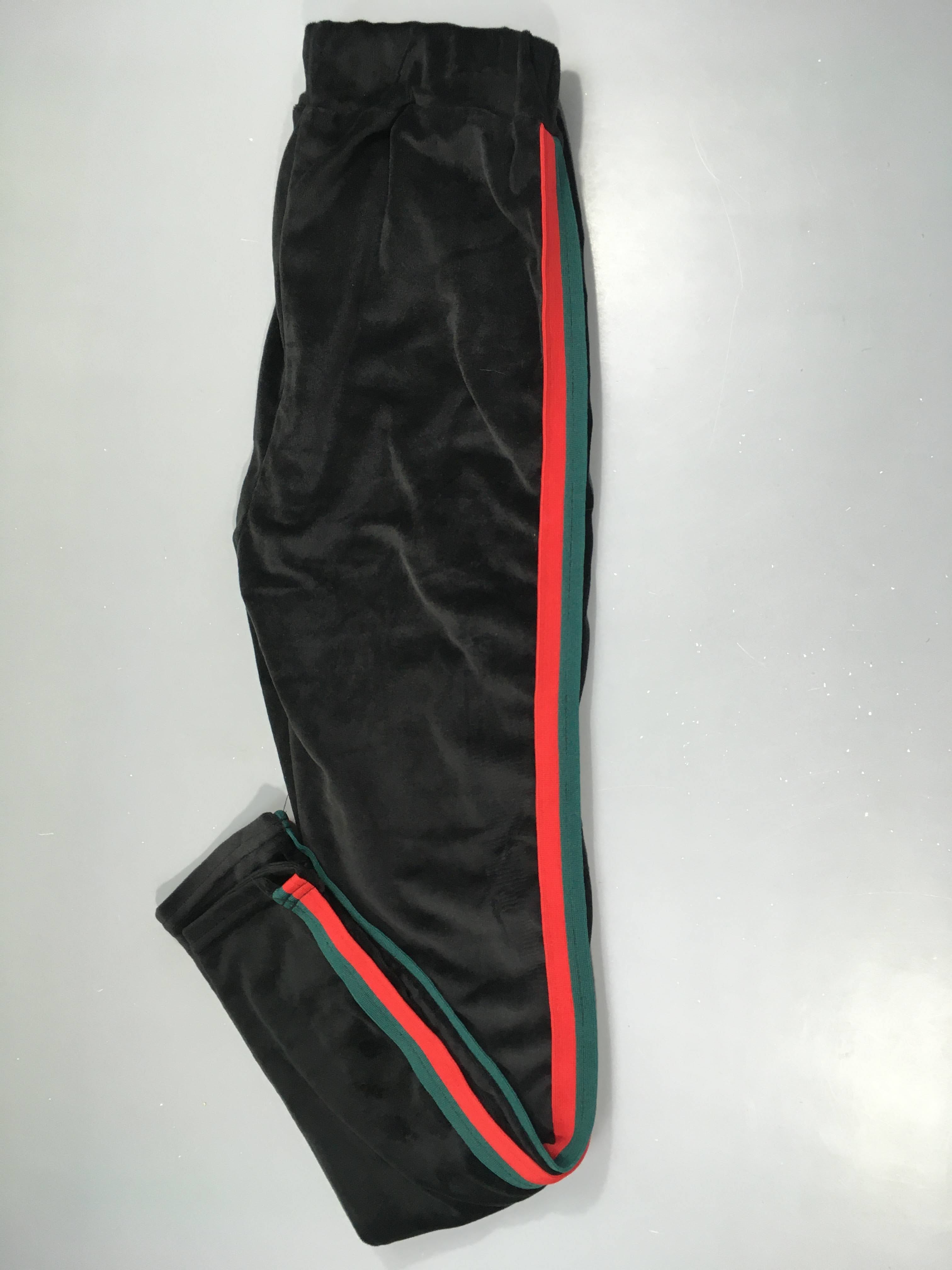 Pantalon velours noir bandes lat vert-rouge