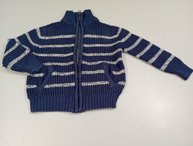 Pull mailles bleu marine rayé blanc, col montant, moins cher chez Petit Kiwi