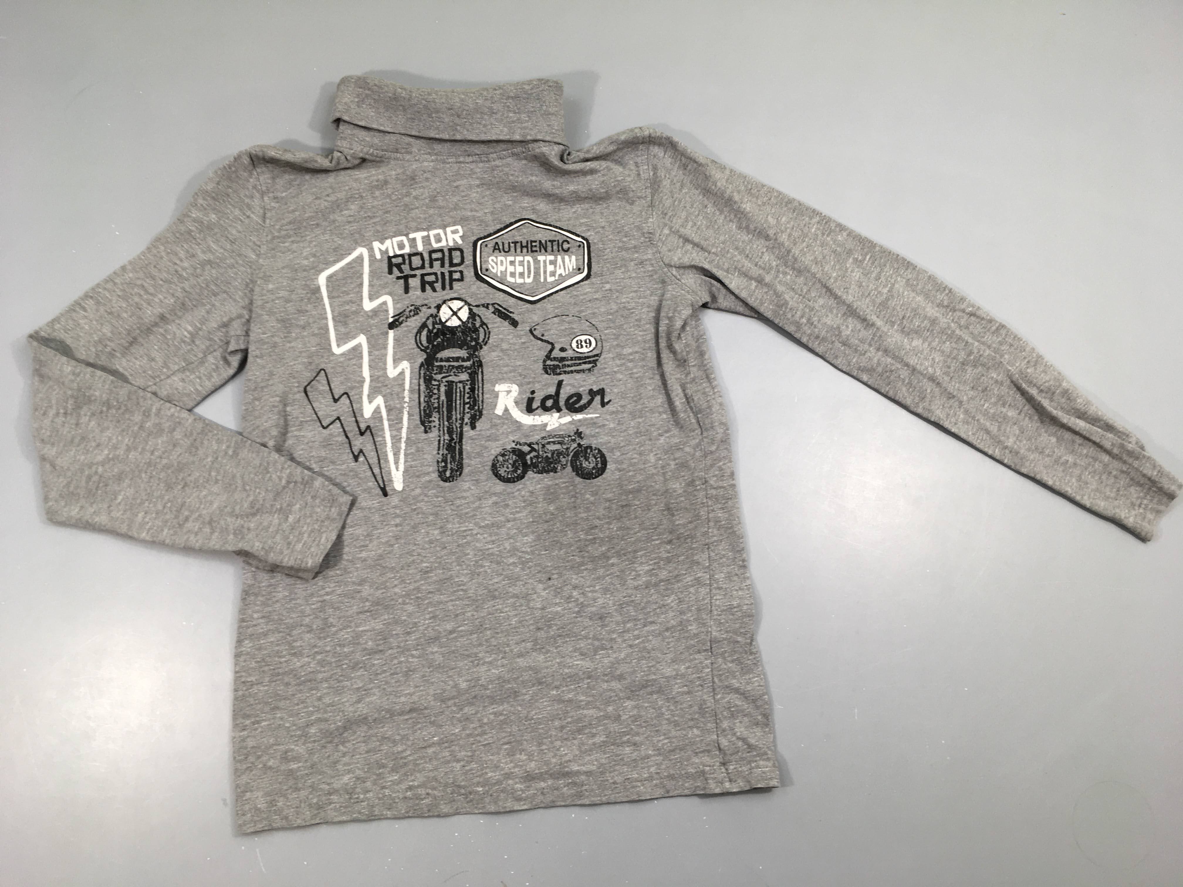 T-shirt m.l gris col roulé motor road trip, flocage craquelé