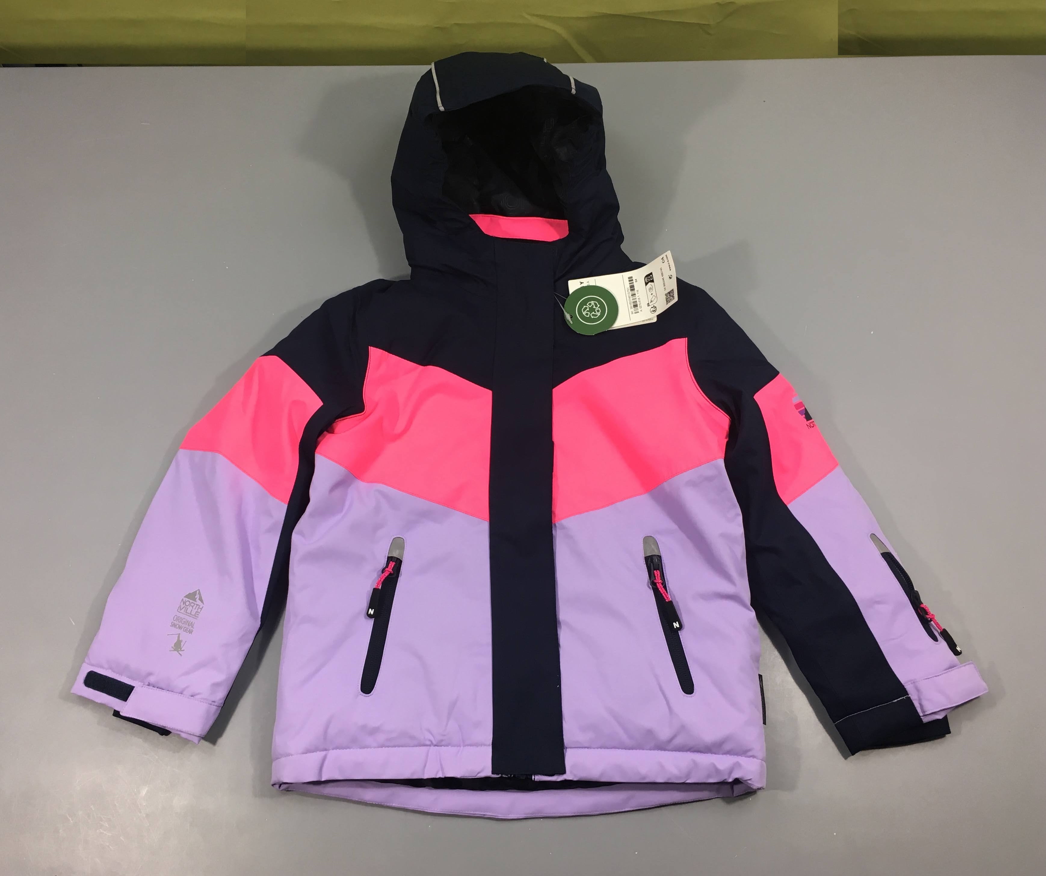 NEUF Veste de ski bleu marine/rose/mauve à capuche