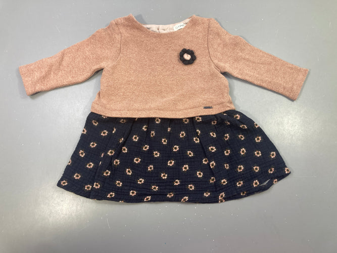 Robe m.l bi-matière effet superposé rose pull haut/bleu foncé tétra fleuri bas, moins cher chez Petit Kiwi