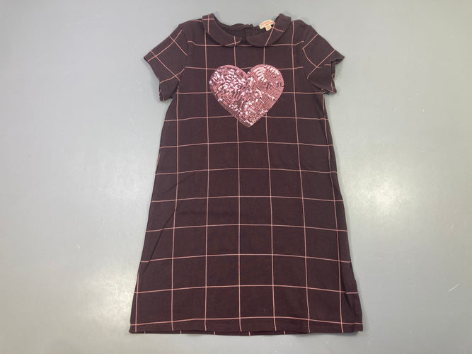 Robe m.c brune carreux roses coeurs sequins, moins cher chez Petit Kiwi