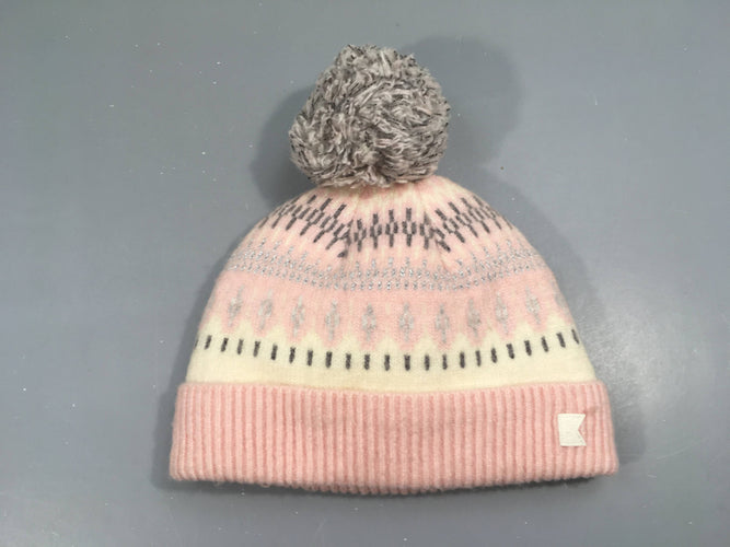 Bonnet rose/écru/gris motifs pompon, moins cher chez Petit Kiwi
