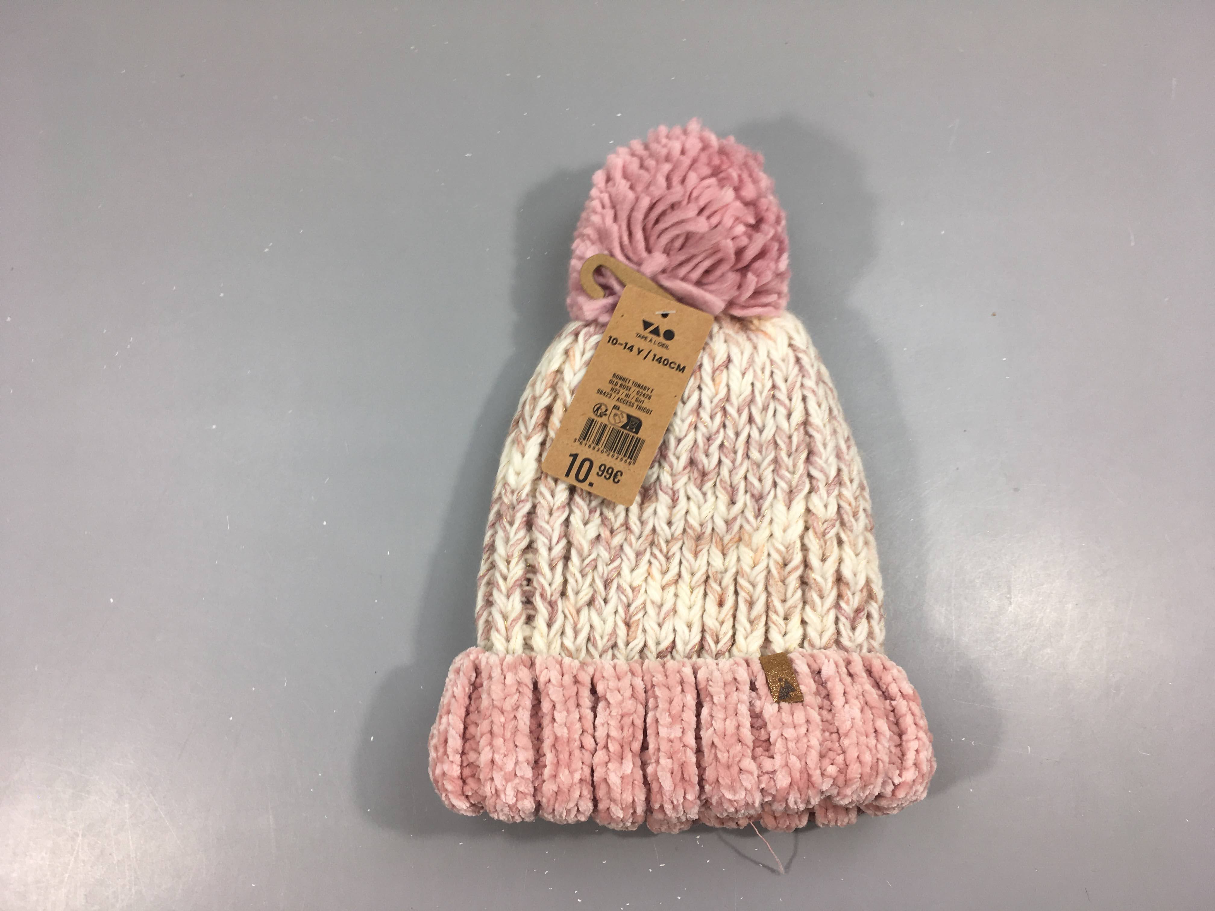 NEUF Bonnet chiné rose/beige fil doré pompon, 10-14a