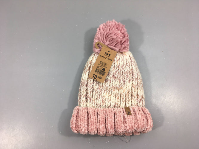 NEUF Bonnet chiné rose/beige fil doré pompon, 10-14a, moins cher chez Petit Kiwi