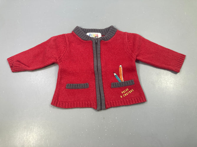 Gilet rouge bord brun 15% laine (légèrement feutré), moins cher chez Petit Kiwi