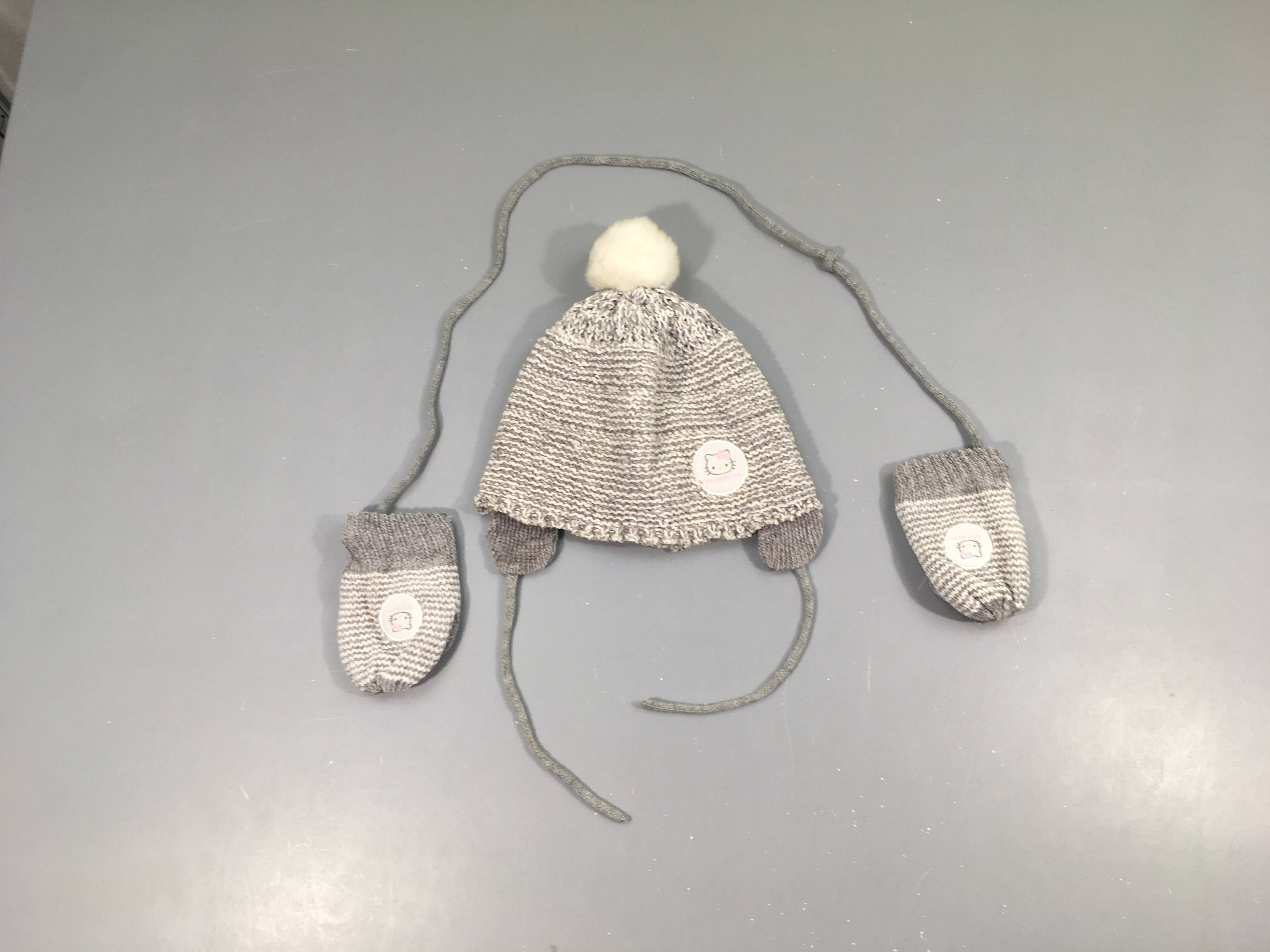 Bonnet +  moufles rayé blanc/gris Hello Kitty, 48-49cm