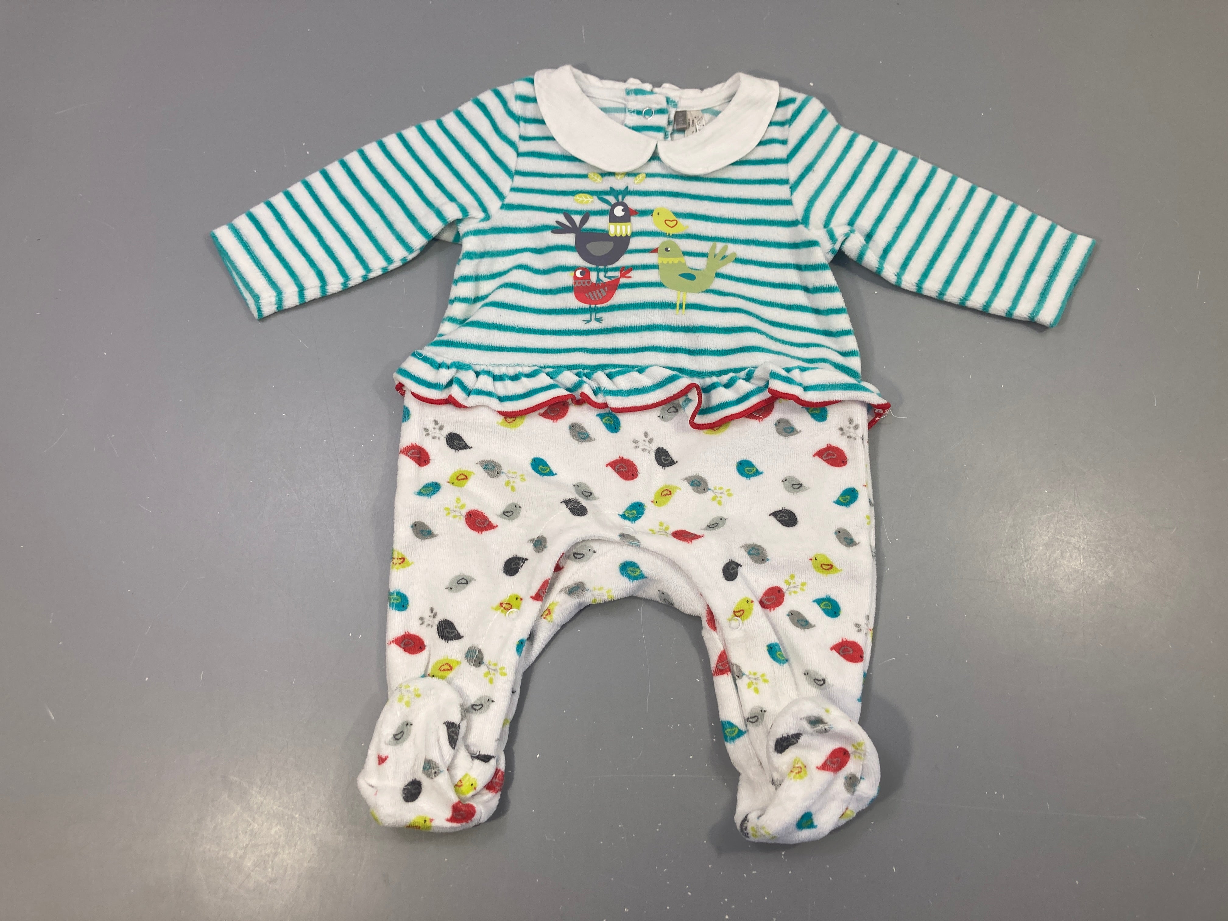 Pyjama velours blanc rayé vert haut oiseaux