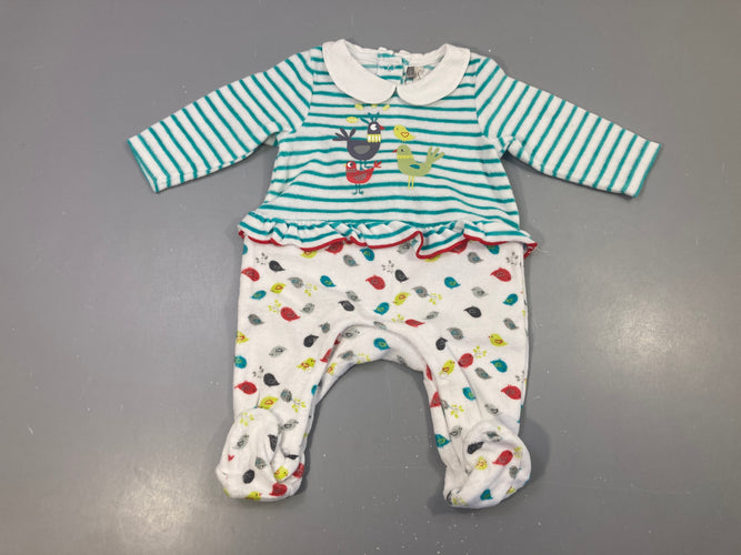 Pyjama velours blanc rayé vert haut oiseaux, moins cher chez Petit Kiwi