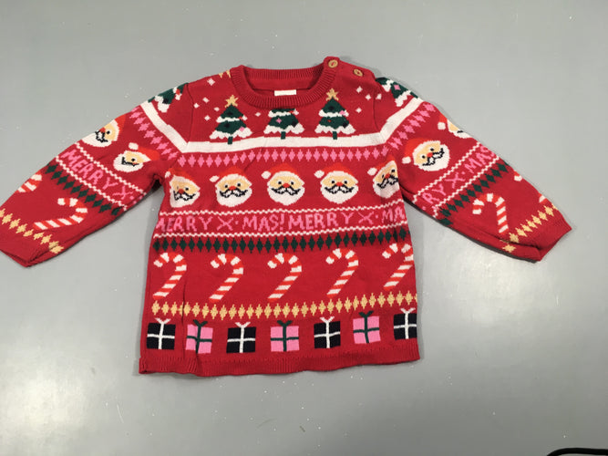 Pull rouge Noël, très légèrement bouloché, moins cher chez Petit Kiwi