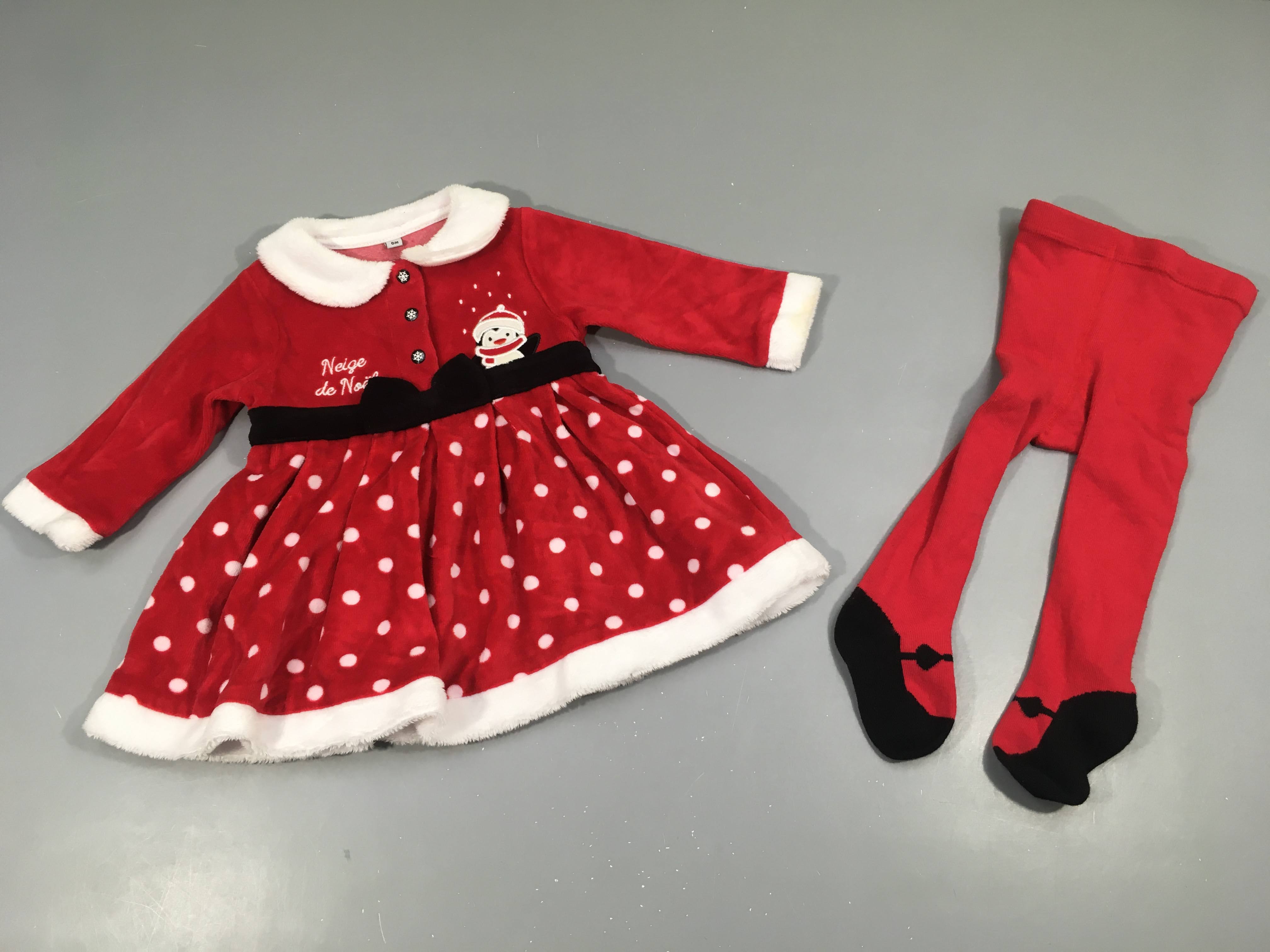 Robe m.l velours rouge pingouin + collant, Noël