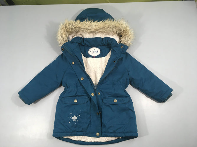 Veste ouatinée doublé sherpa bleu canard chevrons à capuche amovible fausse fourrure, moins cher chez Petit Kiwi