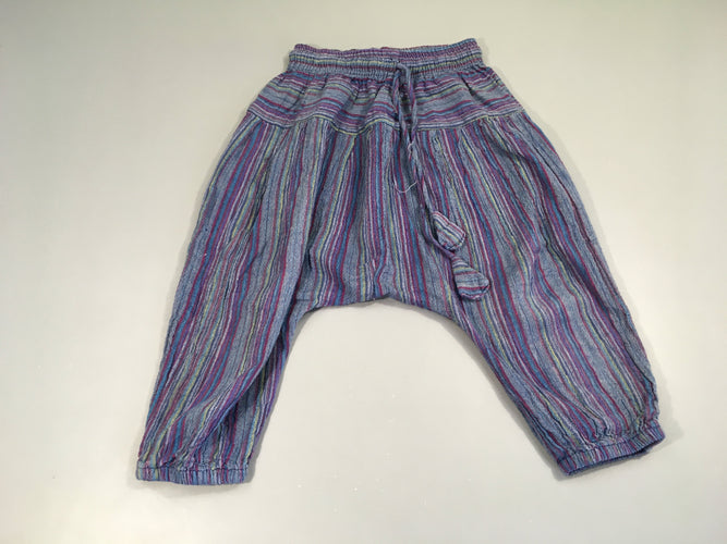 Sarouel coton bleu rayé mauve/jaune taille estimée, moins cher chez Petit Kiwi