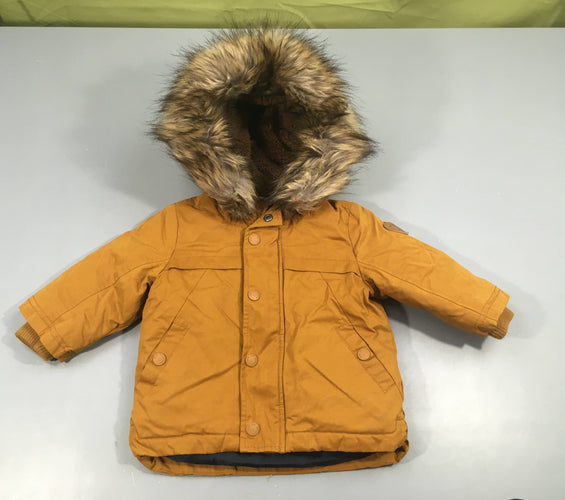 Veste ouatinée camel à capuche fausse fourrure amovible, moins cher chez Petit Kiwi