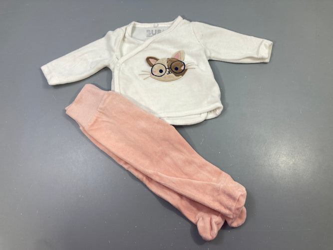 Pyjama velours 2pc chat blanc + pantalon rose, moins cher chez Petit Kiwi