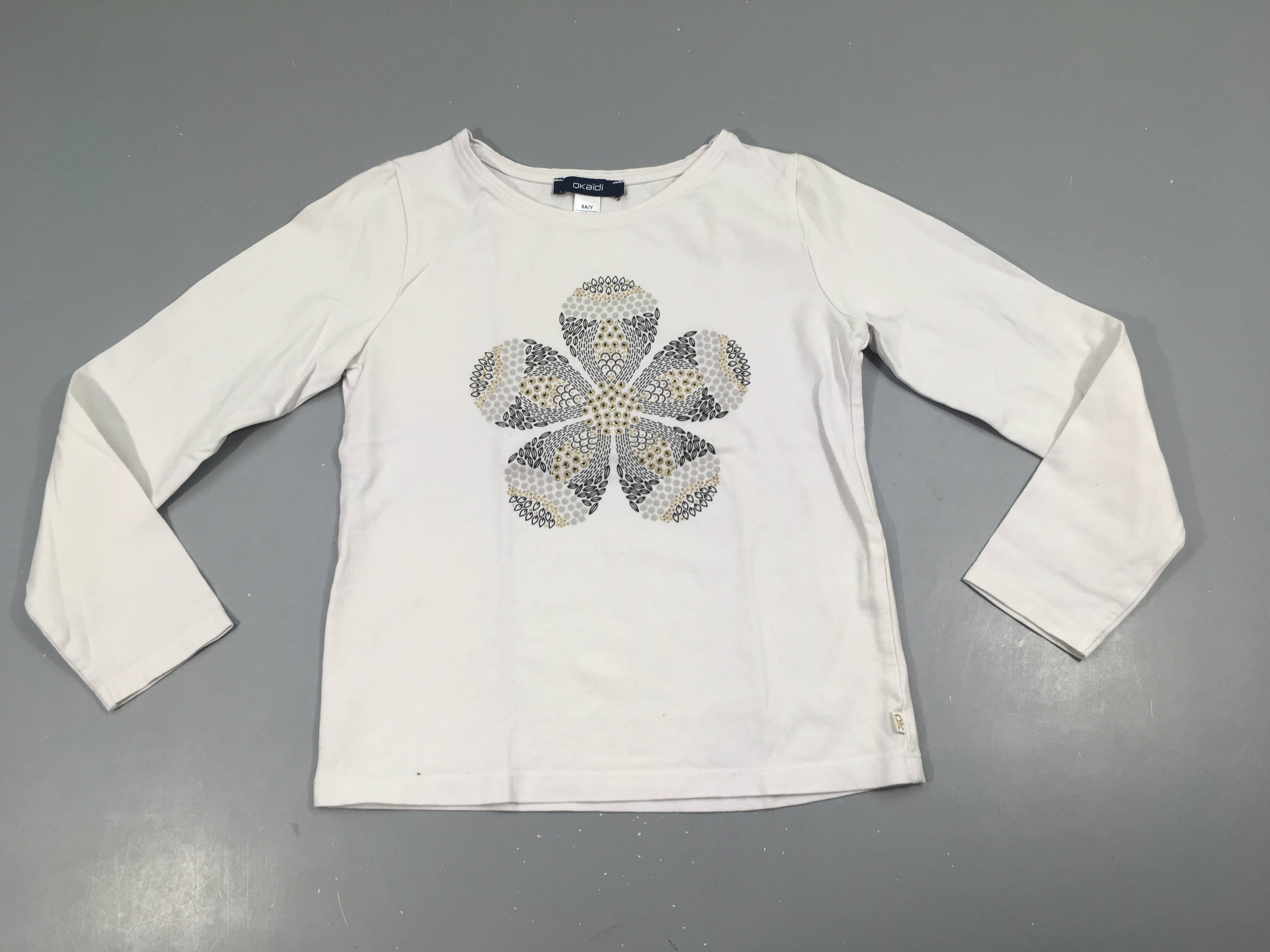 T-shirt m.l blanc fleurs bleu marine/irisé doré