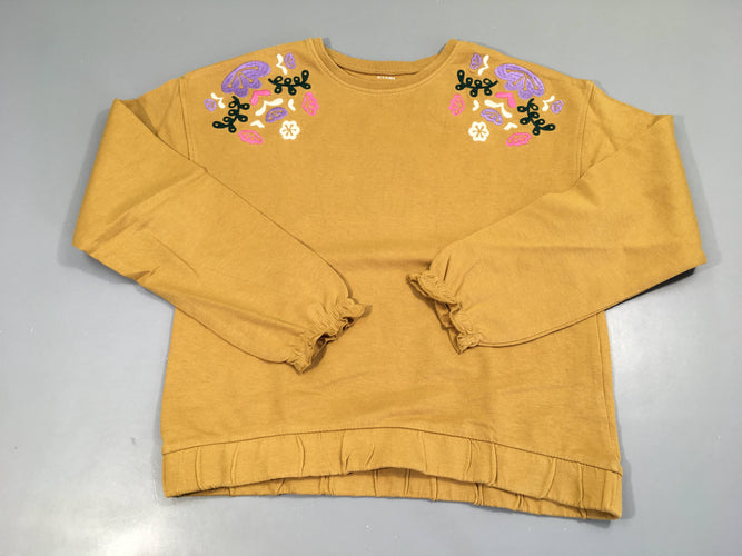 Sweat léger moutarde fleurs brodées, moins cher chez Petit Kiwi