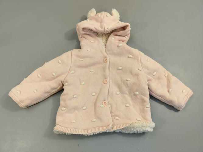 Gilet veste rose clair à capuche motifs reliefs blancs, intérieur  peluche, moins cher chez Petit Kiwi