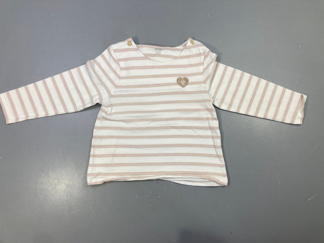 T-shirt m.l blanc rayé rose pailleté coeur, légèrement bouloché, moins cher chez Petit Kiwi
