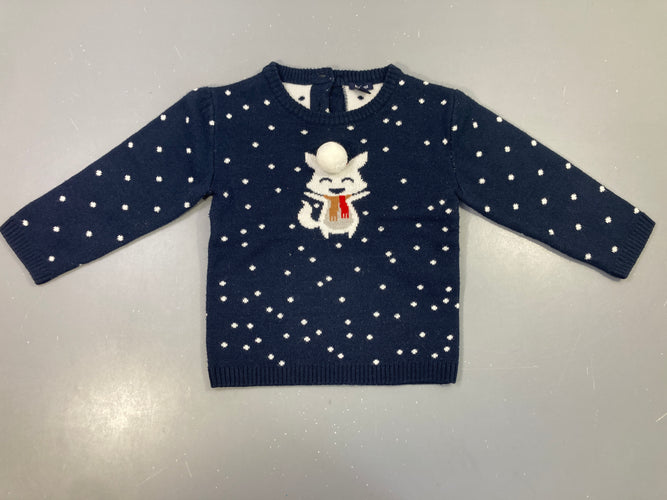 Pull bleu foncé Noël animal pompon, bouloché, moins cher chez Petit Kiwi