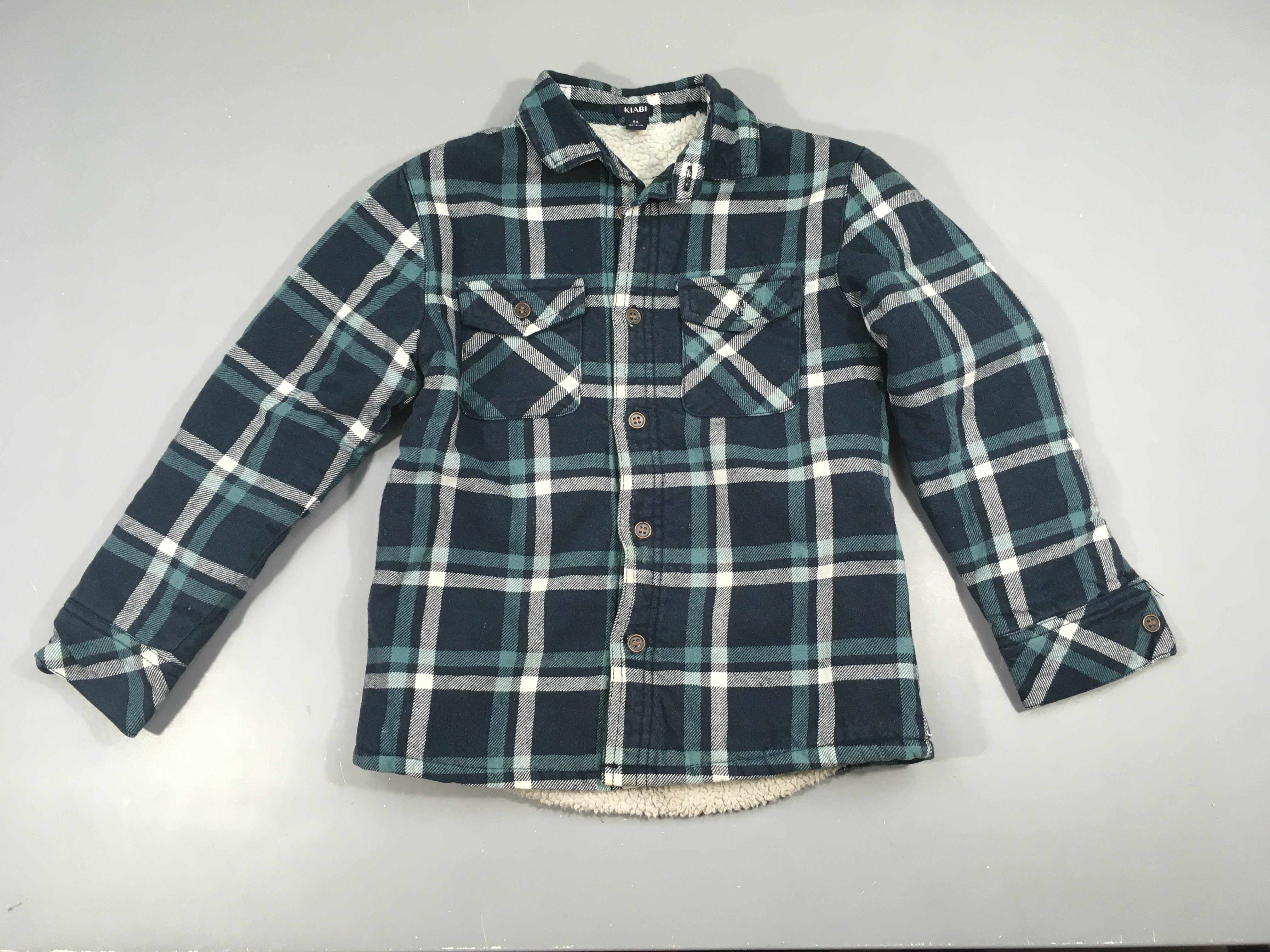 Chemise m.l flanelle bleu marine à carreaux vert doublé sherpa, un peu bouloché
