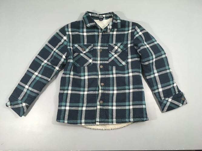 Chemise m.l flanelle bleu marine à carreaux vert doublé sherpa, un peu bouloché, moins cher chez Petit Kiwi