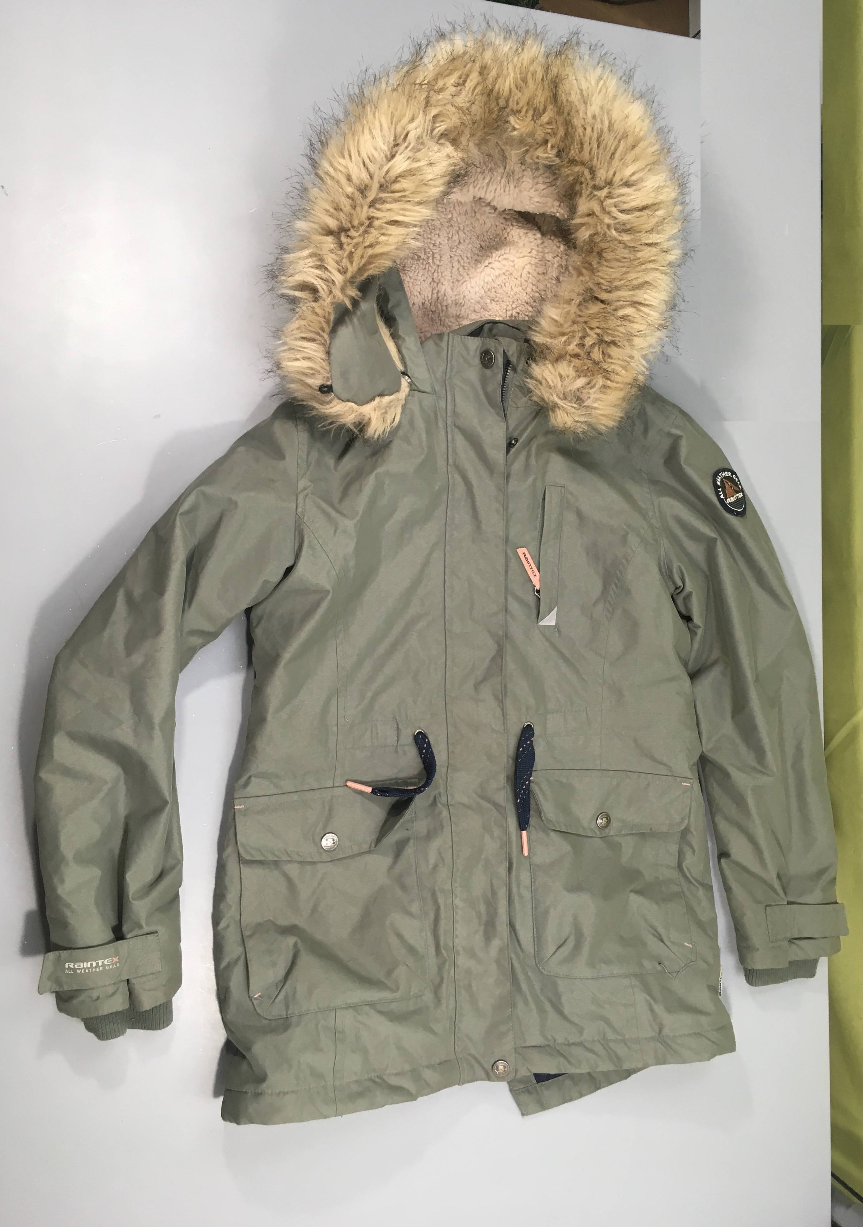 Veste ouatinée doublée polar kaki, imperméable, à capuche fausse fourrure, Raintex