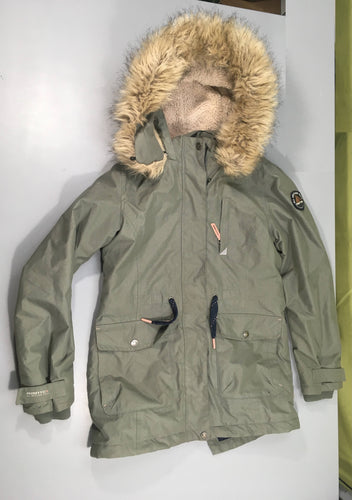 Veste ouatinée doublée polar kaki, imperméable, à capuche fausse fourrure, Raintex, moins cher chez Petit Kiwi