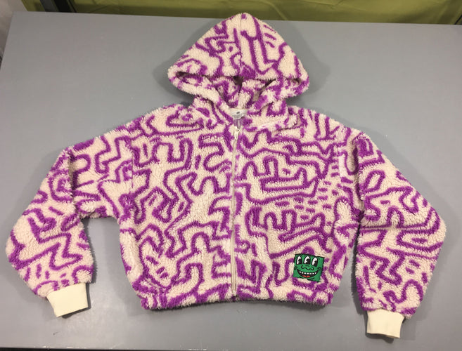 Pull court peluche écru motifs mauves à capuche, moins cher chez Petit Kiwi