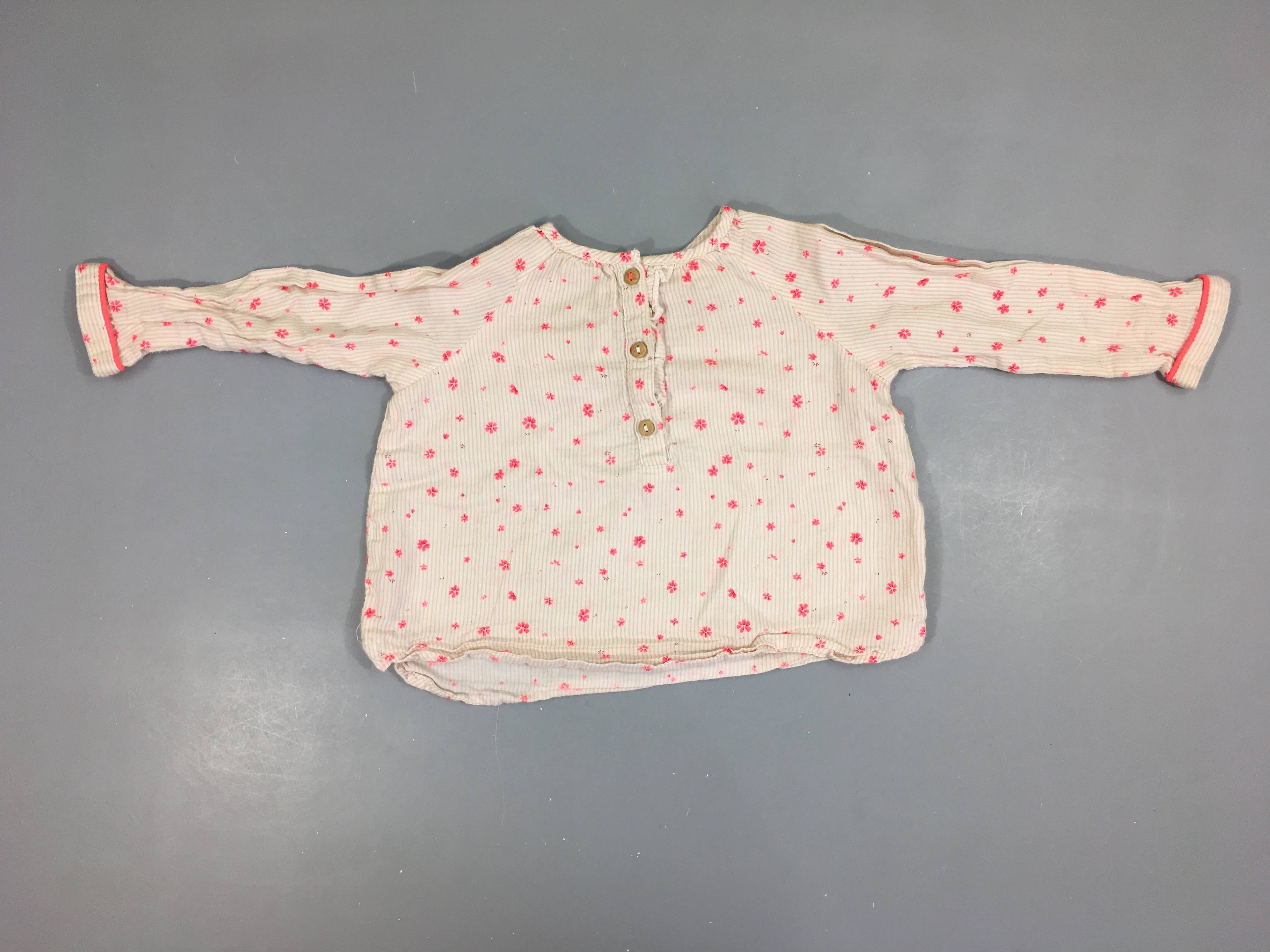 Blouse ml blanc rayé beige fleurs