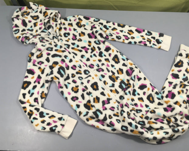 Combinaison zippée velours blanc motifs léopard multicolore à capuche, moins cher chez Petit Kiwi