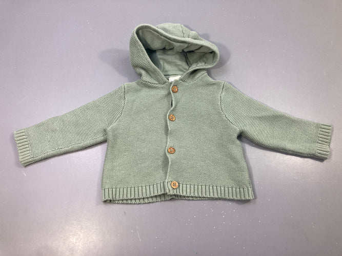 Gilet capuche vert sauge boutons bois, moins cher chez Petit Kiwi