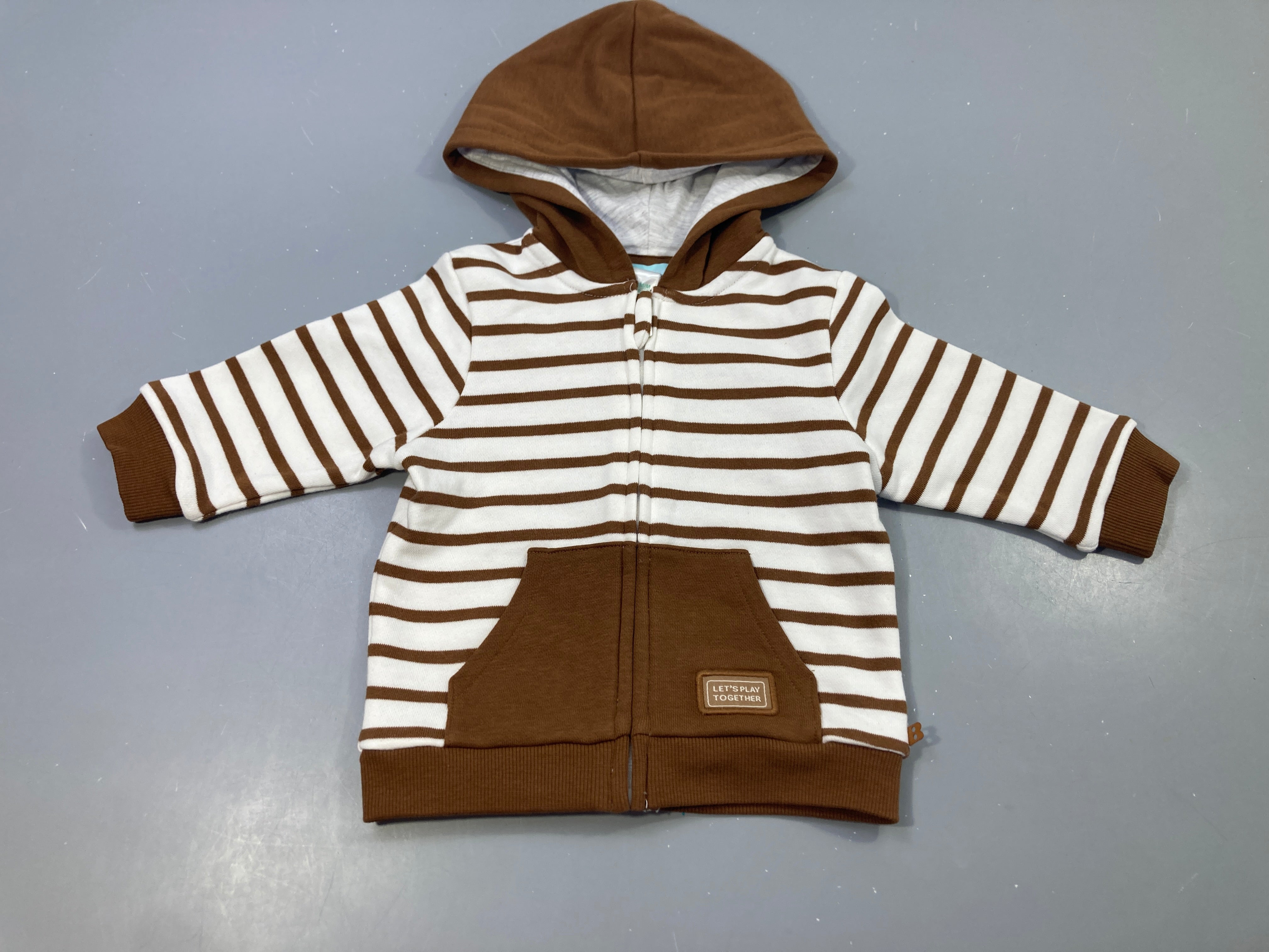 Sweat zippé capuche rayé marron/blanc