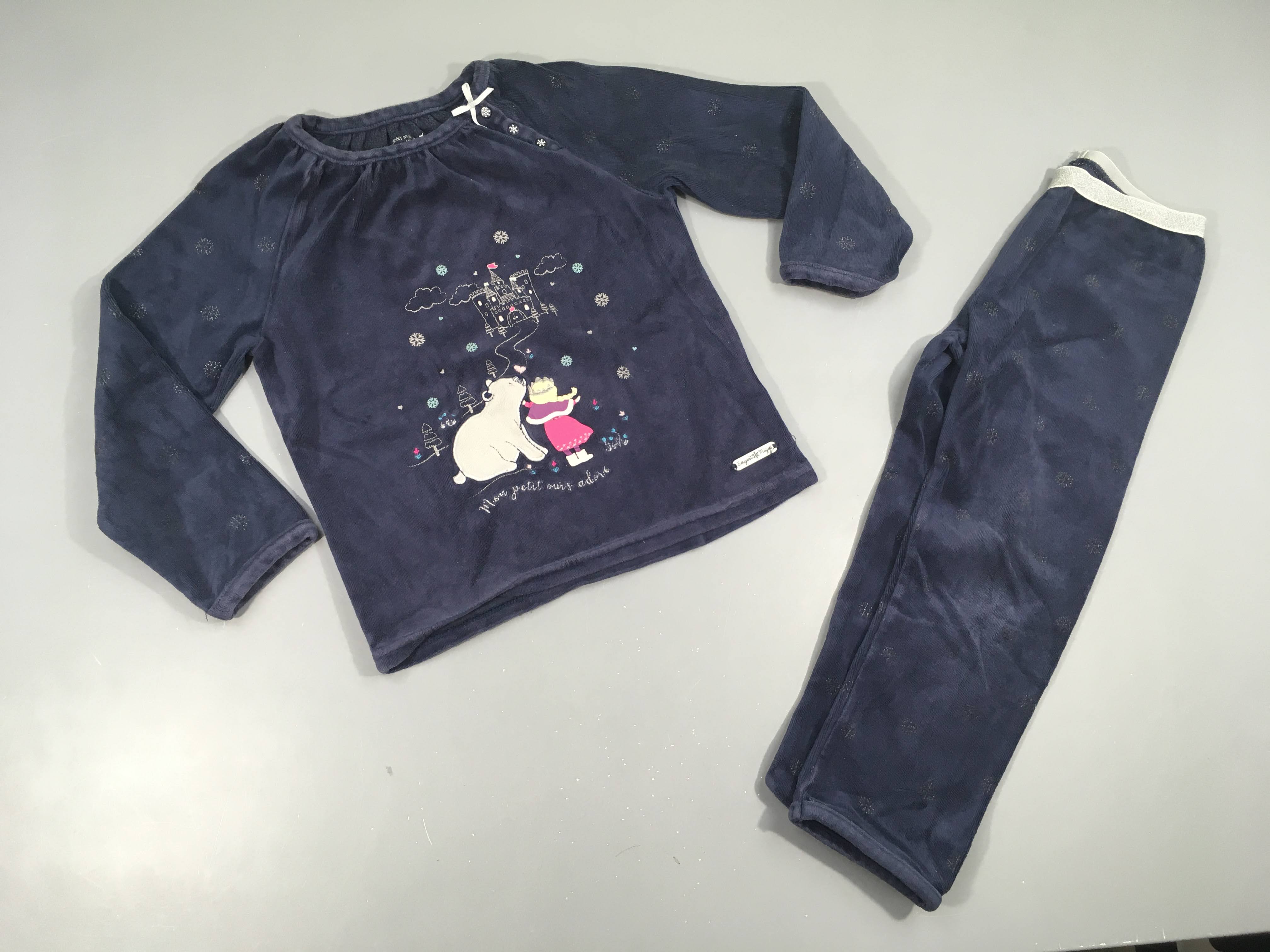 Pyjama 2pcs velours bleu marine ours blanc, usé