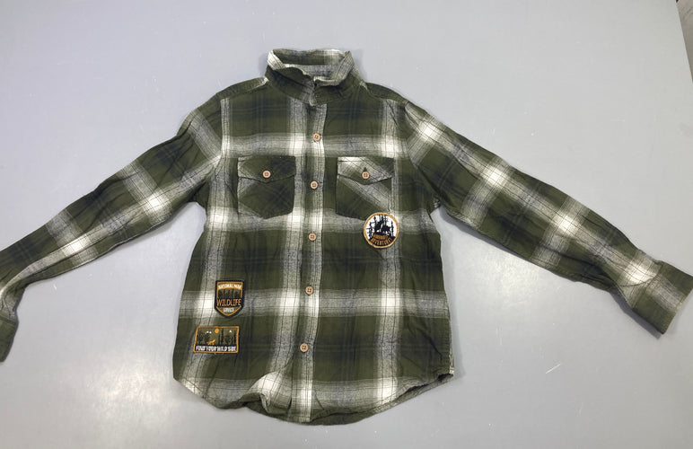 Chemise m.l flanelle carreaux kaki, bouloché, moins cher chez Petit Kiwi