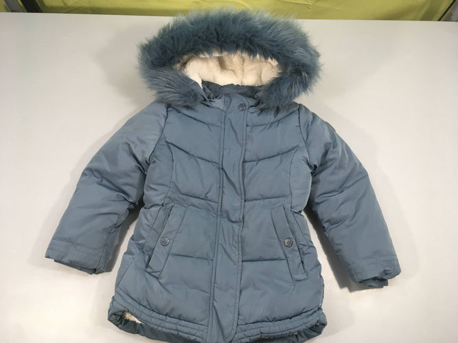 Doudoune longue à capuche bleu jean doublée polar fausse fourrure, moins cher chez Petit Kiwi