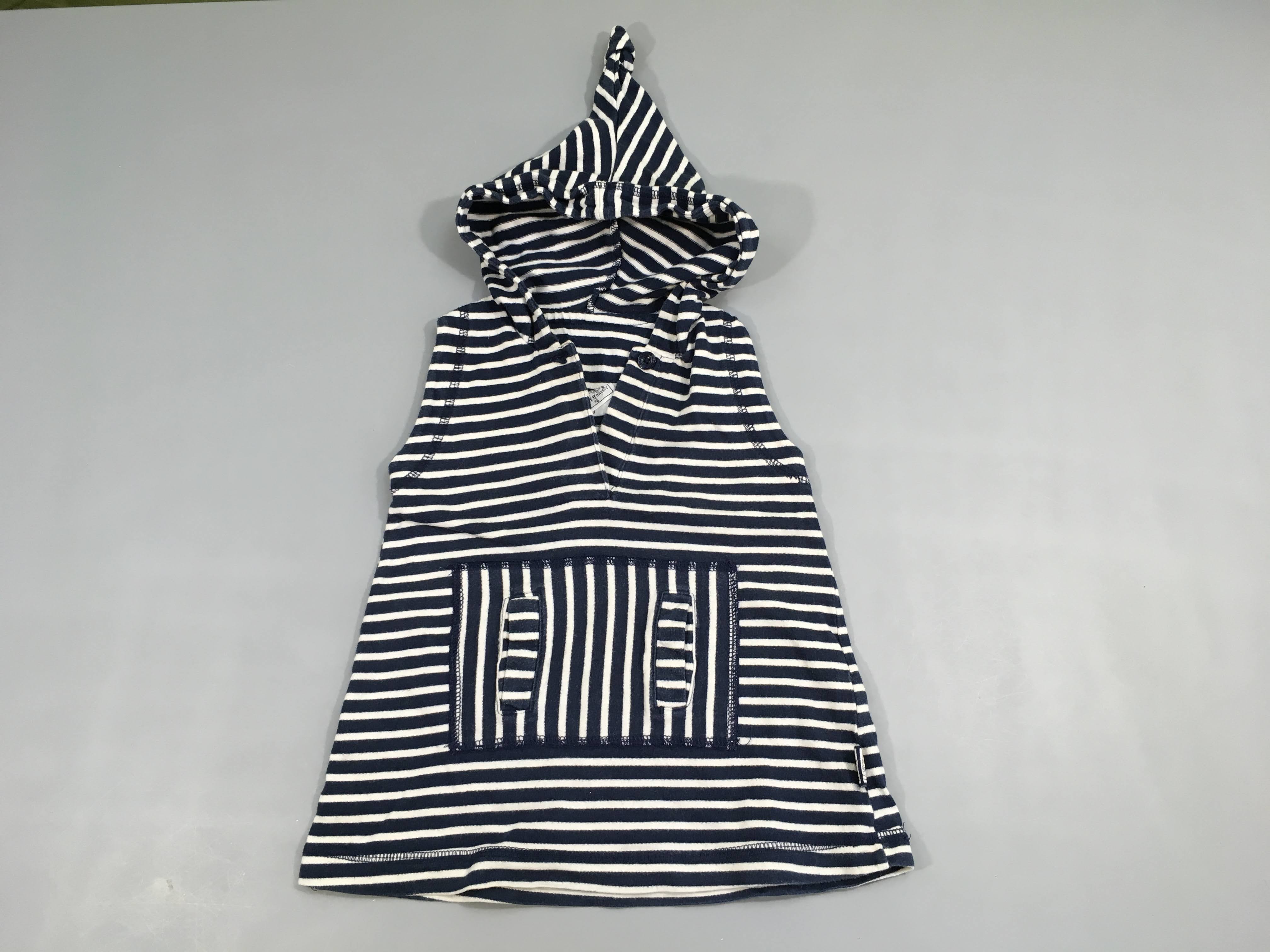 Robe s.m à capuche blanc rayé bleu jersey légèrement bouloché