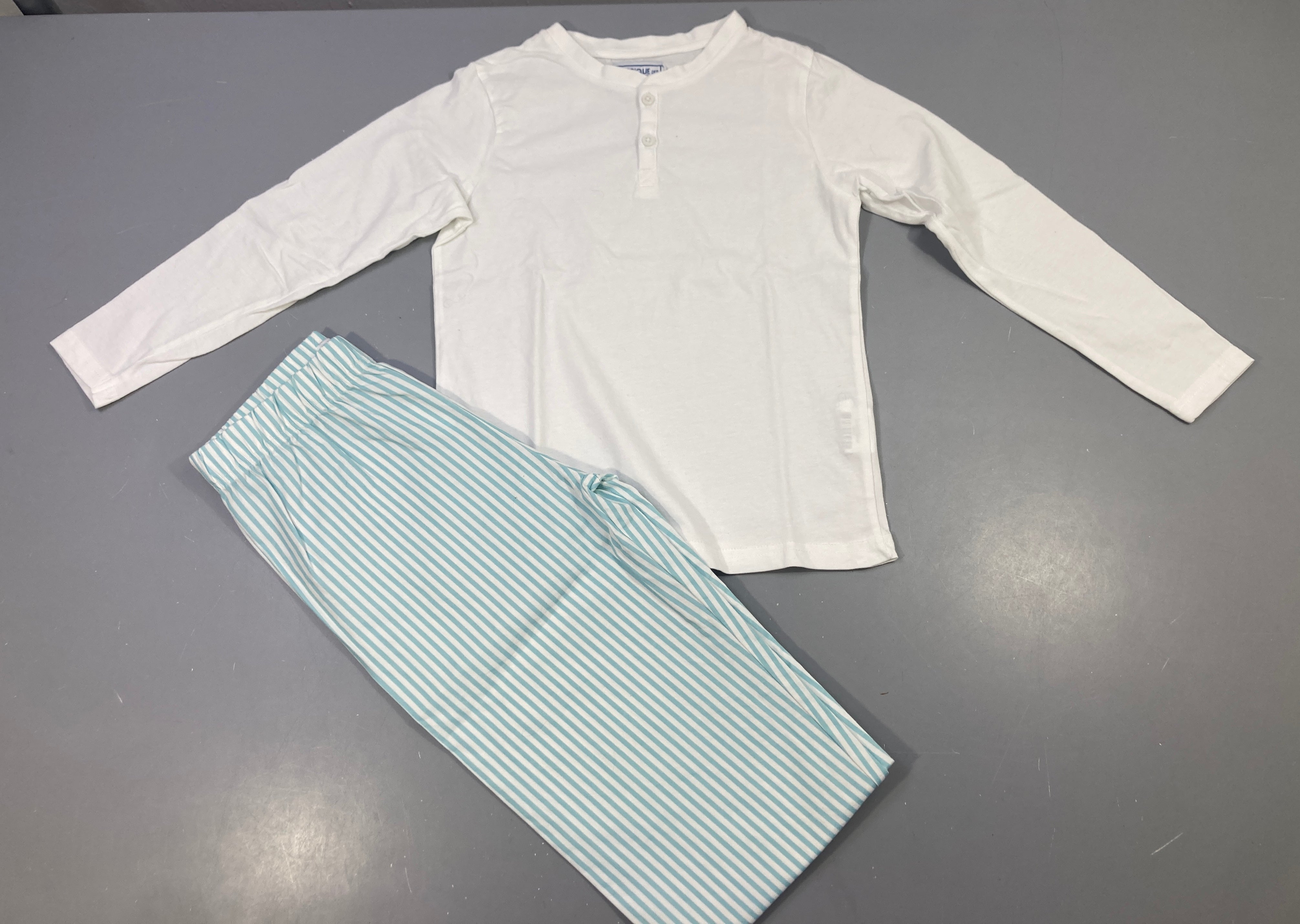 Pyjama 2pcs jersey m.l blanc + bas ligné bleu