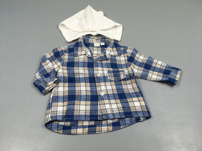 Chemise m.l en flanelle à carreauxbleu,beige, écru avec capuche ammovible blanche oreilles . Très légèrement bouloché, moins cher chez Petit Kiwi