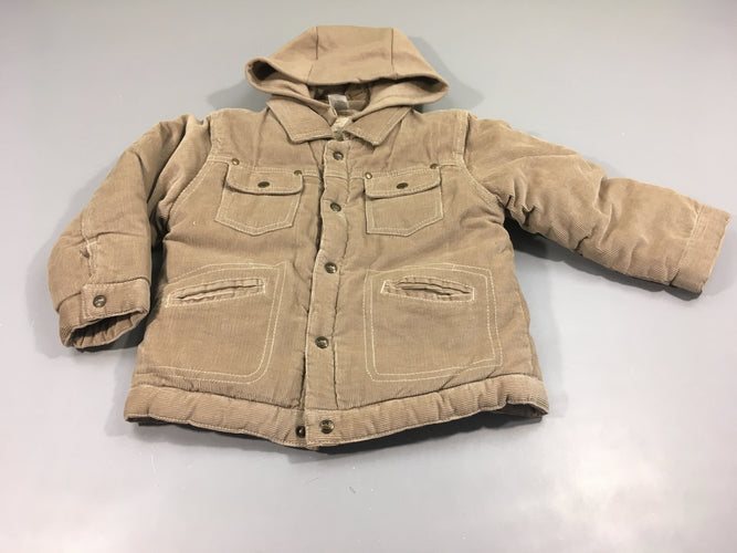 Veste velours côtelé beige à capuche ammovible , intérieur peluche, moins cher chez Petit Kiwi